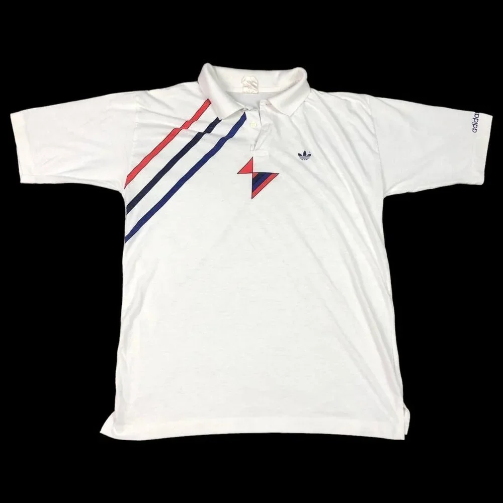 Vintage Adidas‎ Logo Button Polo White Red Blue Shirt Adult Size Medium